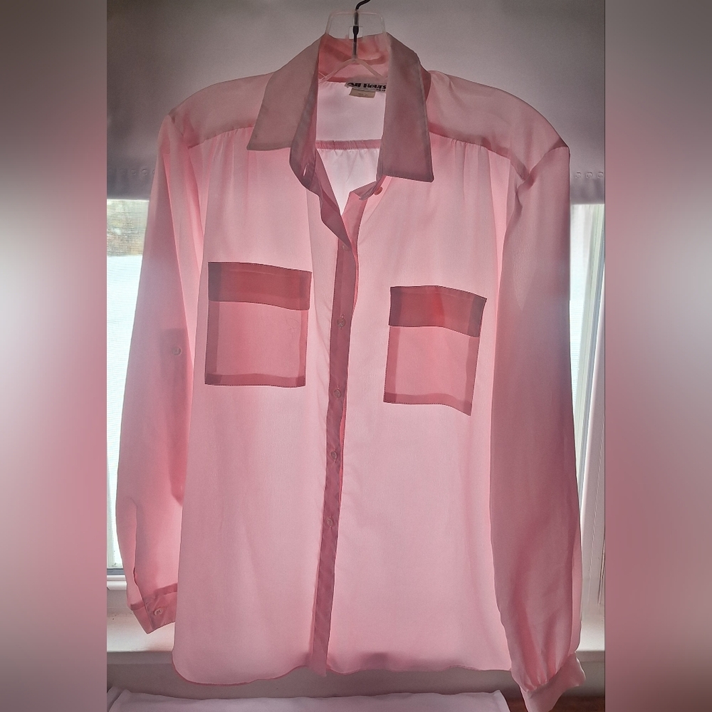 80s Sheer Silky Polyester Soft Pink Button Up Blouse All Hours Summer Layering - Picture 1 of 9